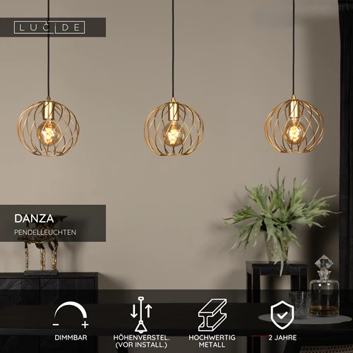 Lucide DANZA - Pendelleuchten - 3xE27 - Mattes Gold / Messing - USP
